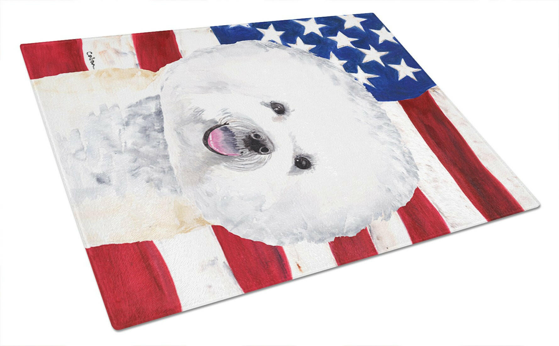 USA American Flag with Bichon Frise Cutting Board Tempered Glass Kitchen Cutting Surface, Heat Resistant Chopping, Non-Slip Feet, Food Prep & Serving
