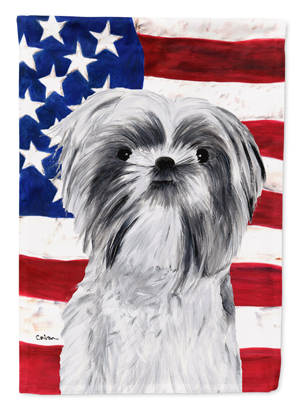 USA American Flag with Shih Tzu House Flag 28x40 Porch Sleeve Pole Decorative Outside Yard Banner Artwork Wall Hanging, Polyester