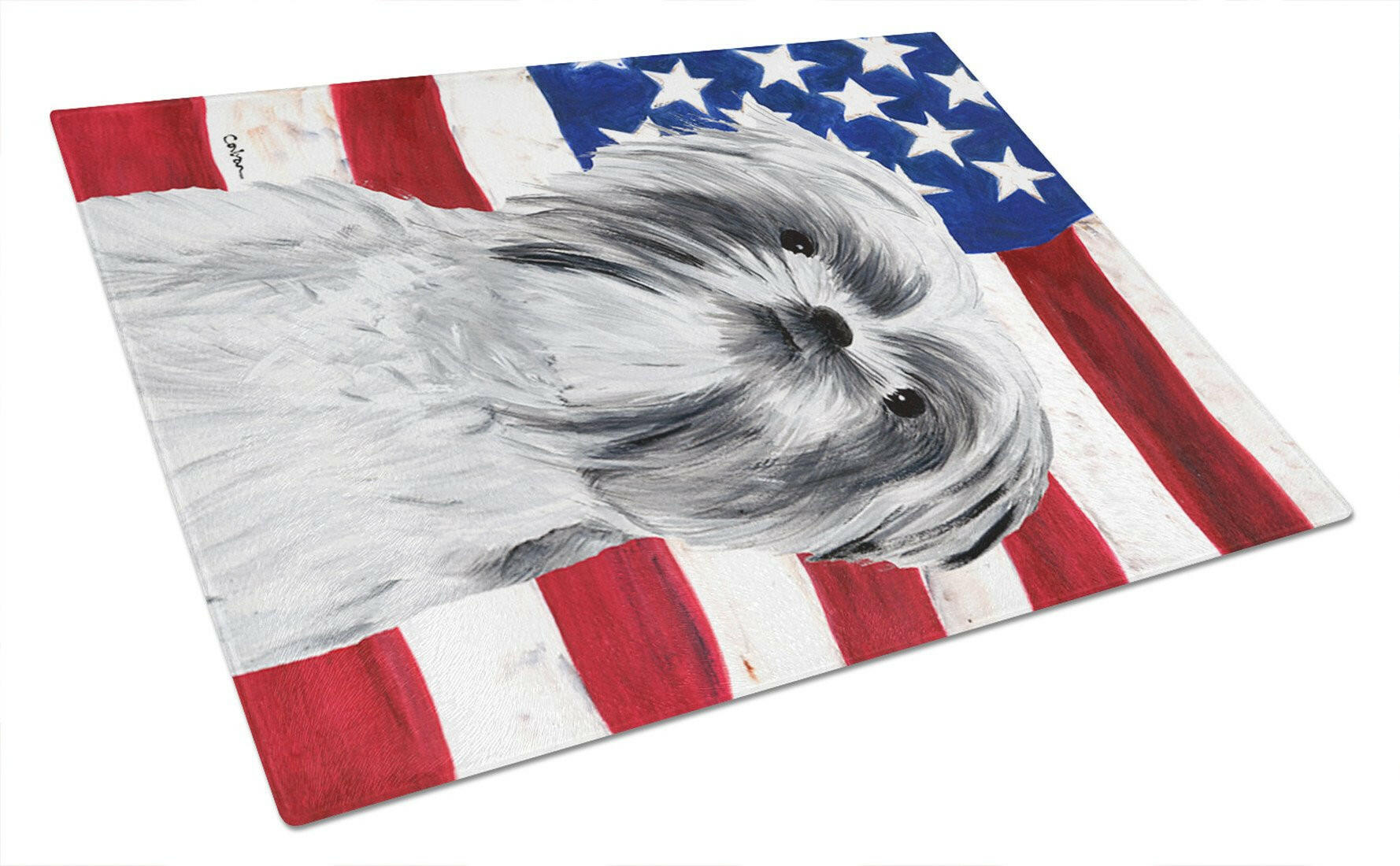 USA American Flag with Shih Tzu Cutting Board Tempered Glass Kitchen Cutting Surface, Heat Resistant Chopping, Non-Slip Feet, Food Prep & Serving