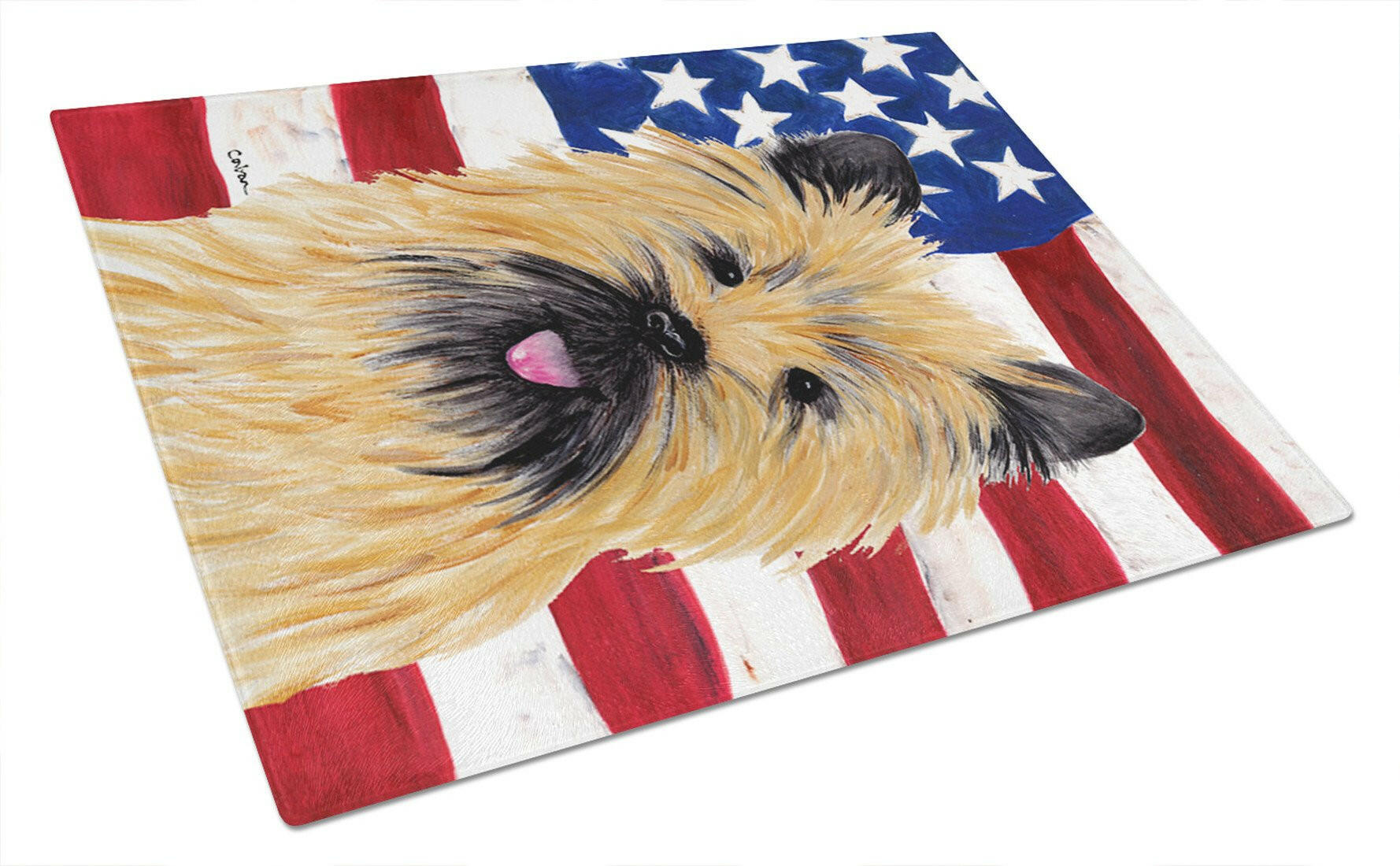 USA American Flag with Cairn Terrier Cutting Board Tempered Glass Kitchen Cutting Surface, Heat Resistant Chopping, Non-Slip Feet, Food Prep & Serving
