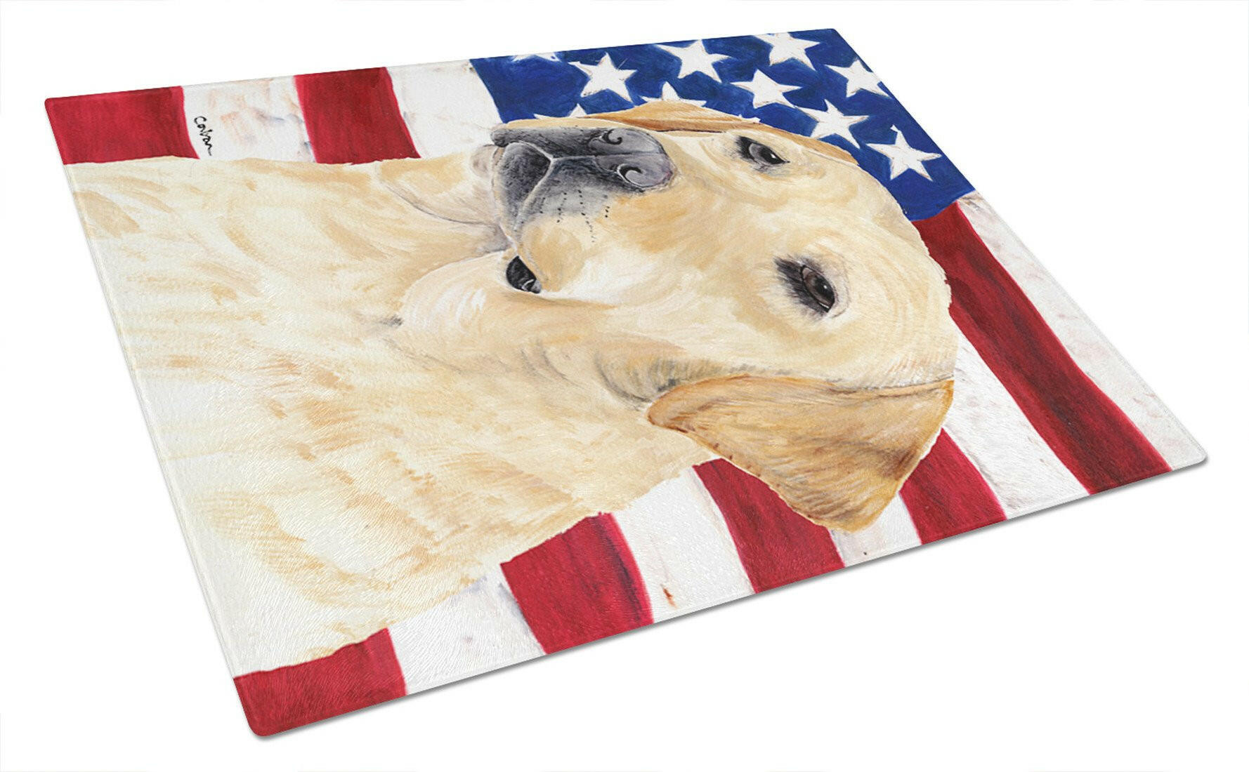 USA American Flag with Labrador Cutting Board Tempered Glass Kitchen Cutting Surface, Heat Resistant Chopping, Non-Slip Feet, Food Prep & Serving