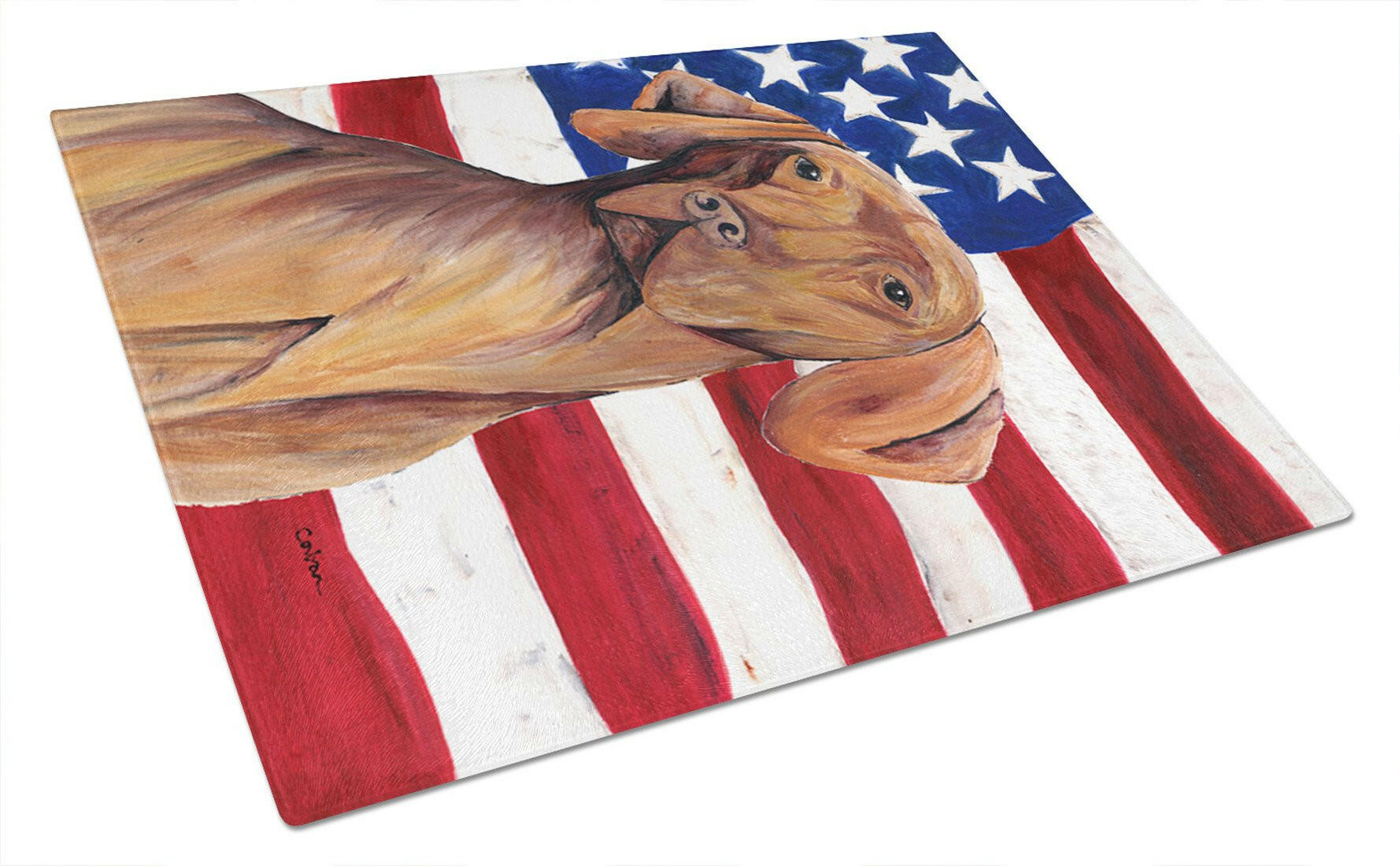 USA American Flag with Vizsla Cutting Board Tempered Glass Kitchen Cutting Surface, Heat Resistant Chopping, Non-Slip Feet, Food Prep & Serving