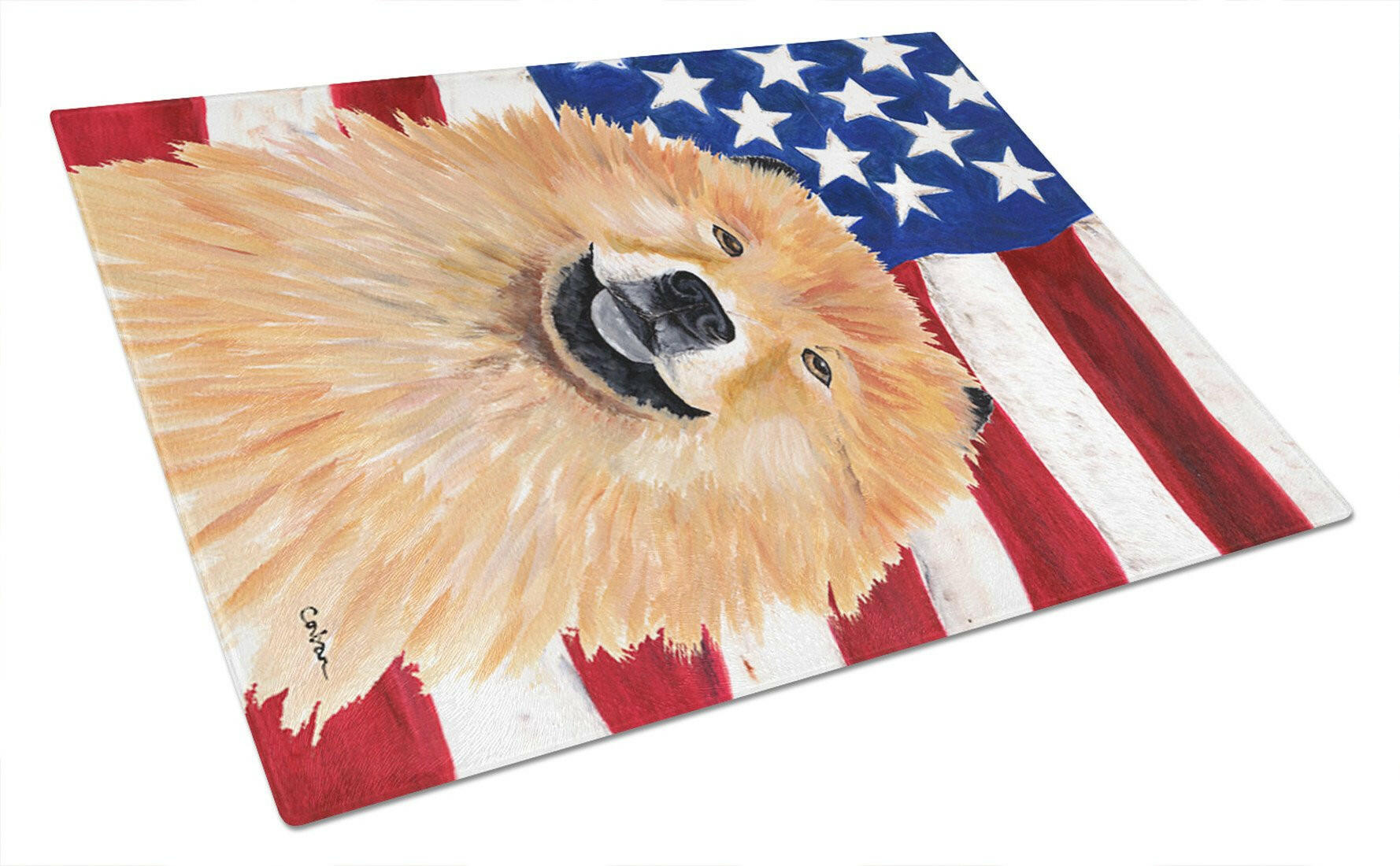 USA American Flag with Chow Chow Cutting Board Tempered Glass Kitchen Cutting Surface, Heat Resistant Chopping, Non-Slip Feet, Food Prep & Serving