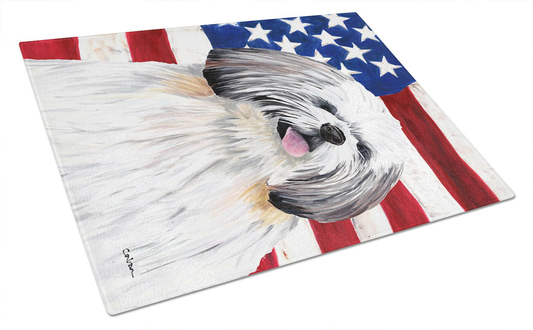 USA American Flag with Shih Tzu Cutting Board Tempered Glass Kitchen Cutting Surface, Heat Resistant Chopping, Non-Slip Feet, Food Prep & Serving