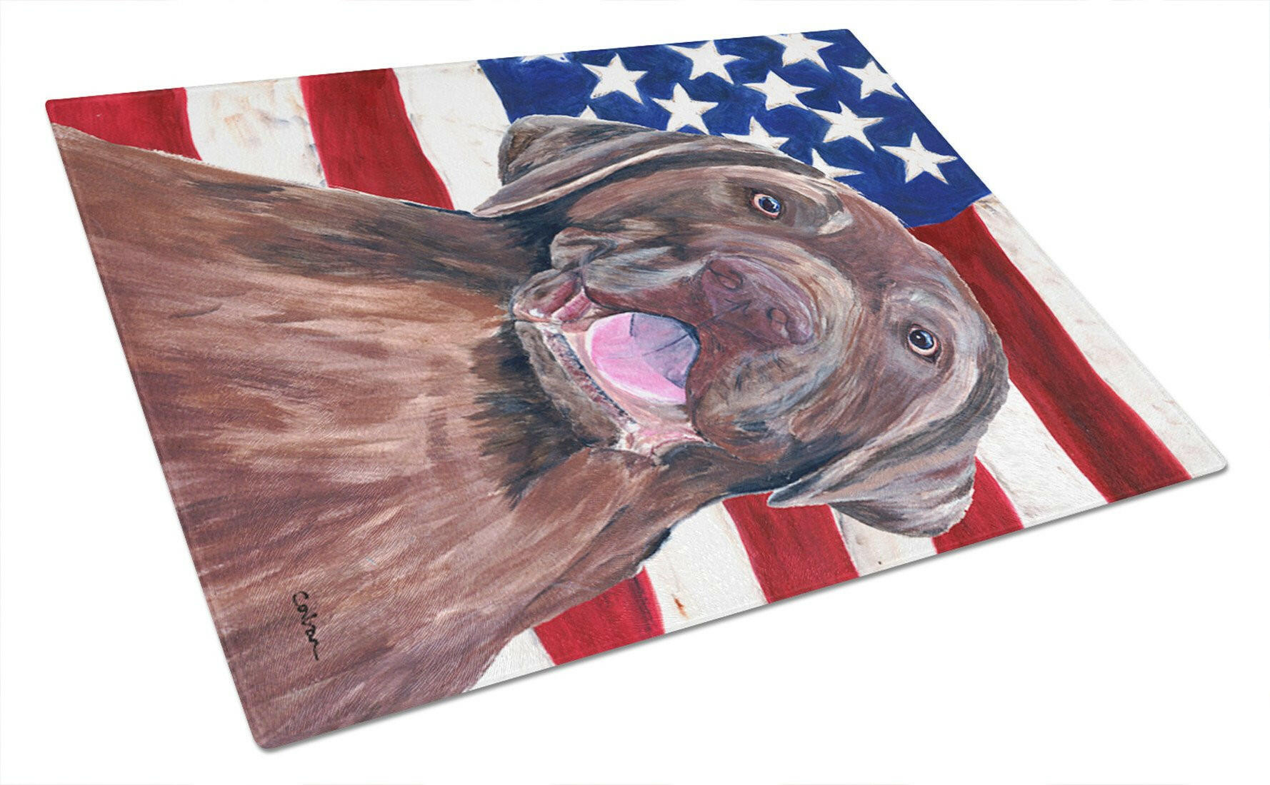 USA American Flag with Labrador Cutting Board Tempered Glass Kitchen Cutting Surface, Heat Resistant Chopping, Non-Slip Feet, Food Prep & Serving