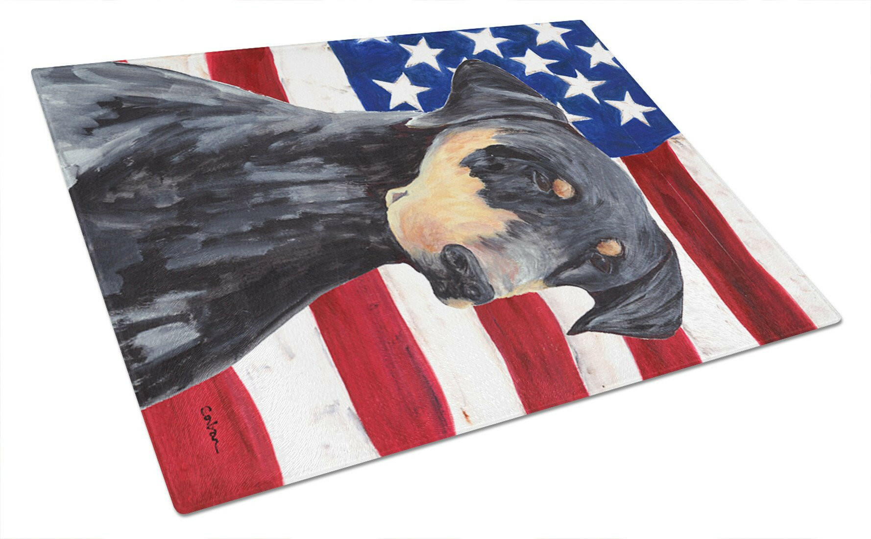 USA American Flag with Doberman Cutting Board Tempered Glass Kitchen Cutting Surface, Heat Resistant Chopping, Non-Slip Feet, Food Prep & Serving