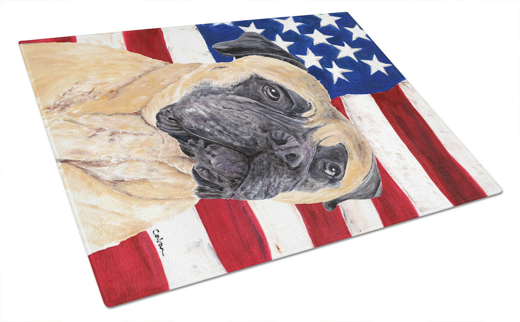 USA American Flag with Mastiff Cutting Board Tempered Glass Kitchen Cutting Surface, Heat Resistant Chopping, Non-Slip Feet, Food Prep & Serving