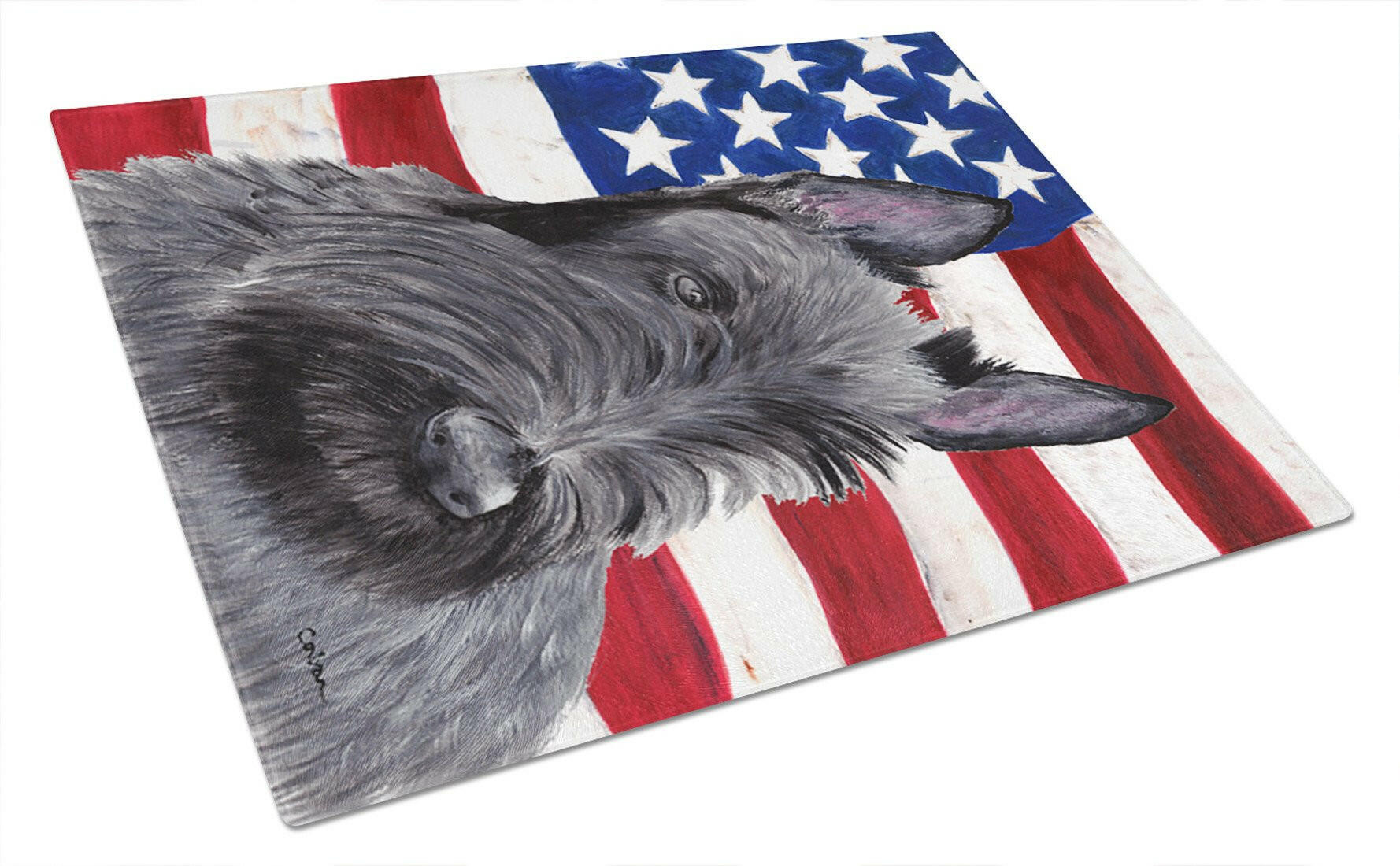 USA American Flag with Scottish Terrier Cutting Board Tempered Glass Kitchen Cutting Surface, Heat Resistant Chopping, Non-Slip Feet, Food Prep & Serving