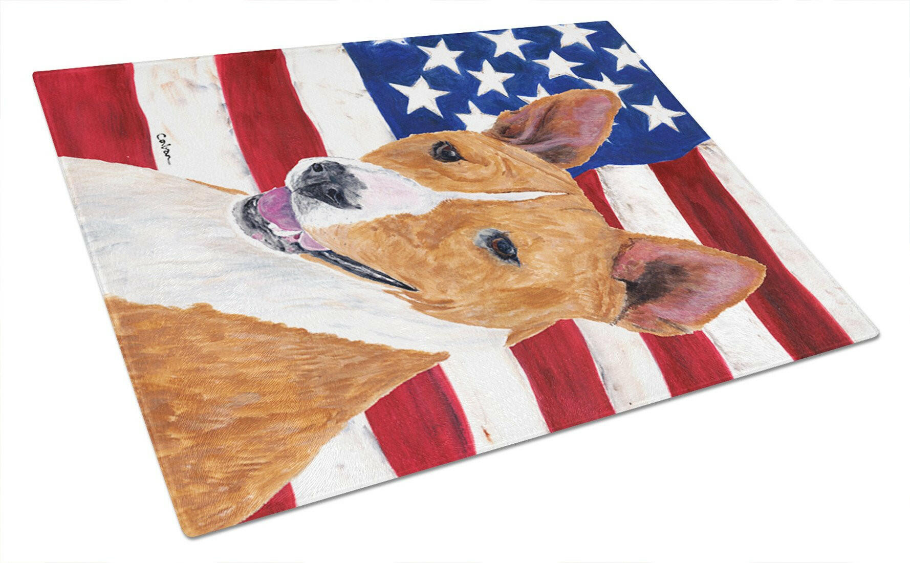 USA American Flag with Basenji Cutting Board Tempered Glass Kitchen Cutting Surface, Heat Resistant Chopping, Non-Slip Feet, Food Prep & Serving