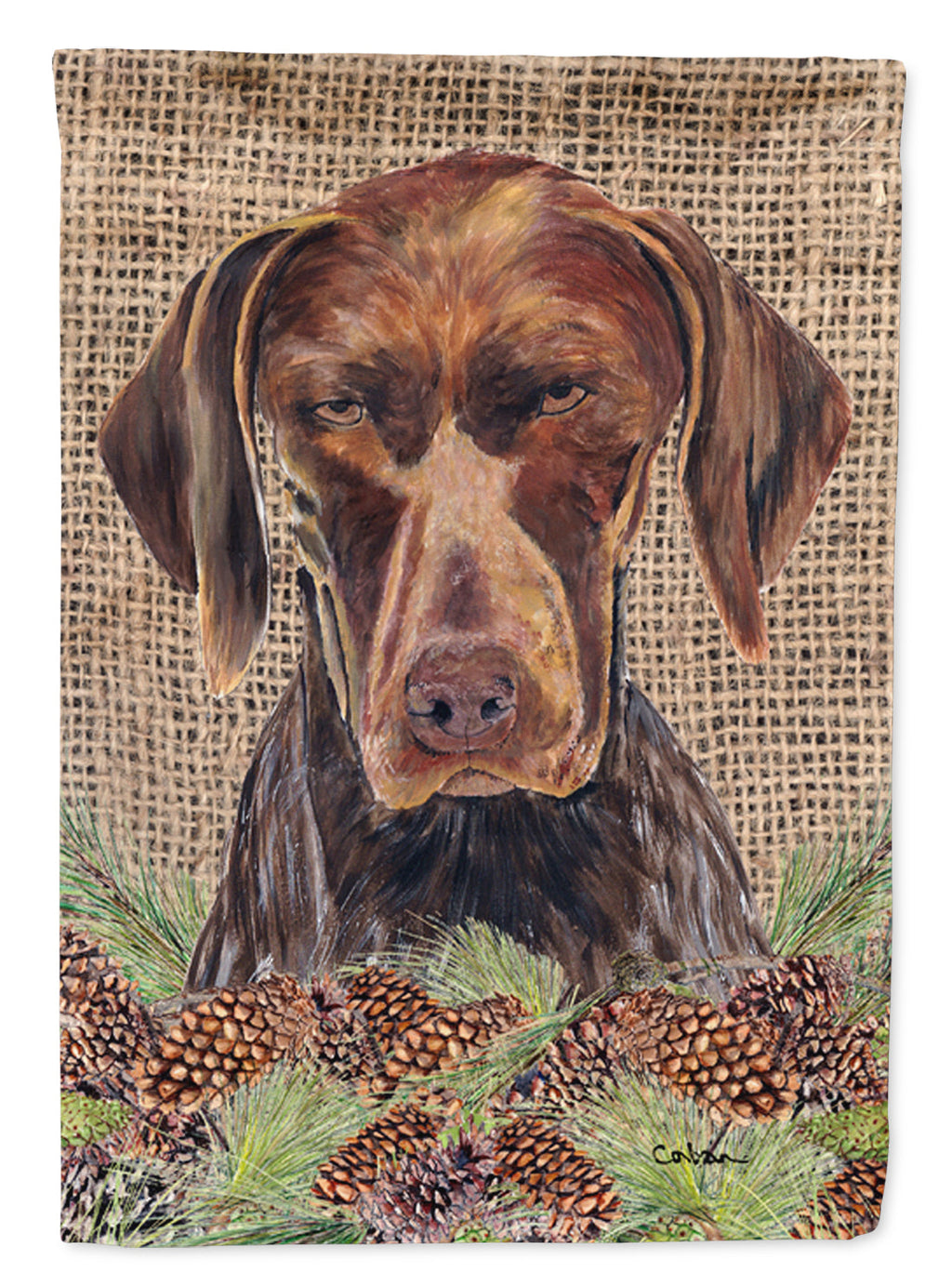 German Shorthaired Pointer Faux Burlap and Pine cones House Flag 28x40 Porch Sleeve Pole Decorative Outside Yard Banner Artwork Wall Hanging, Polyester