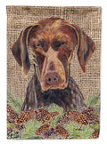 German Shorthaired Pointer Faux Burlap and Pine cones House Flag 28x40 Porch Sleeve Pole Decorative Outside Yard Banner Artwork Wall Hanging, Polyester