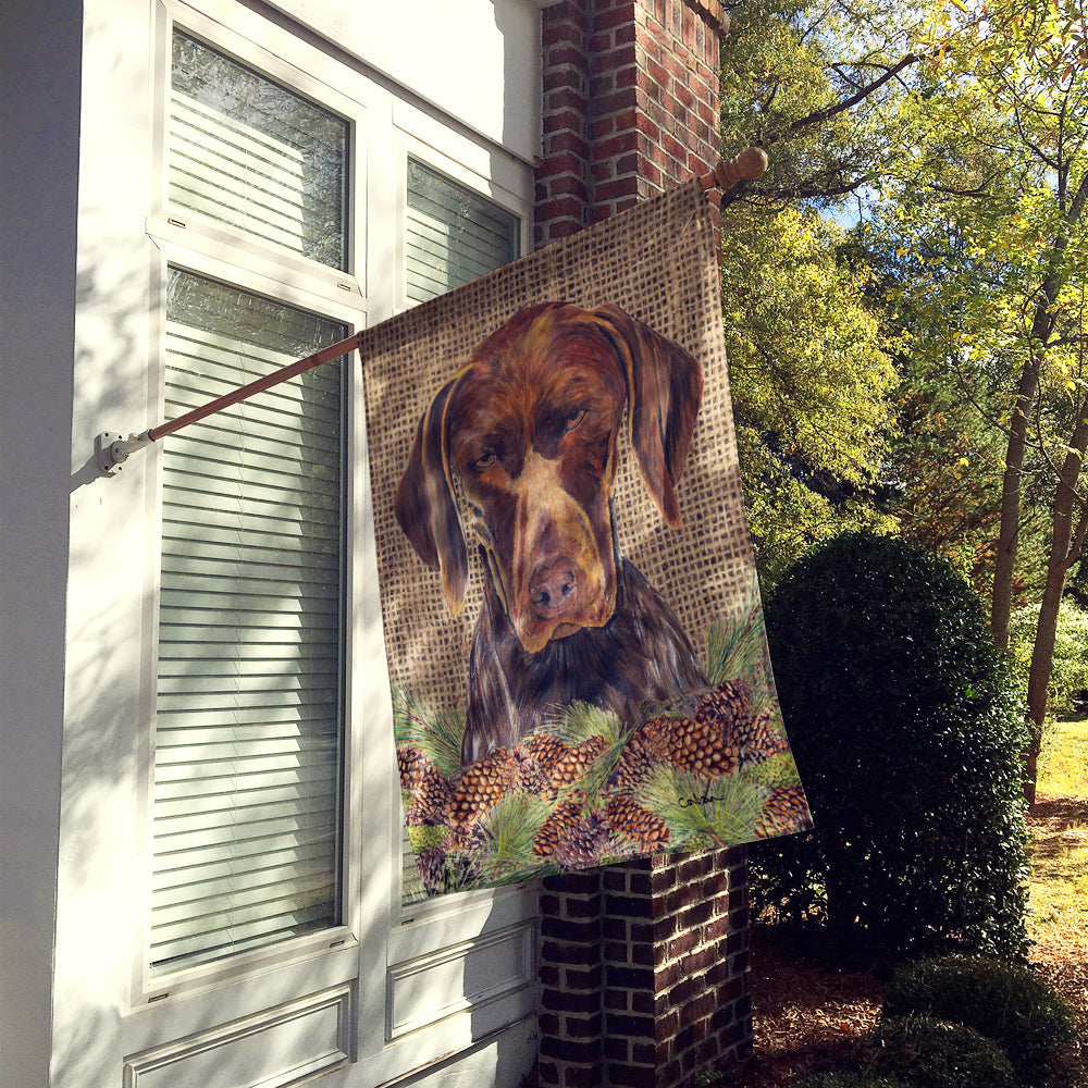 German Shorthaired Pointer Faux Burlap and Pine cones House Flag 28x40 Porch Sleeve Pole Decorative Outside Yard Banner Artwork Wall Hanging, Polyester