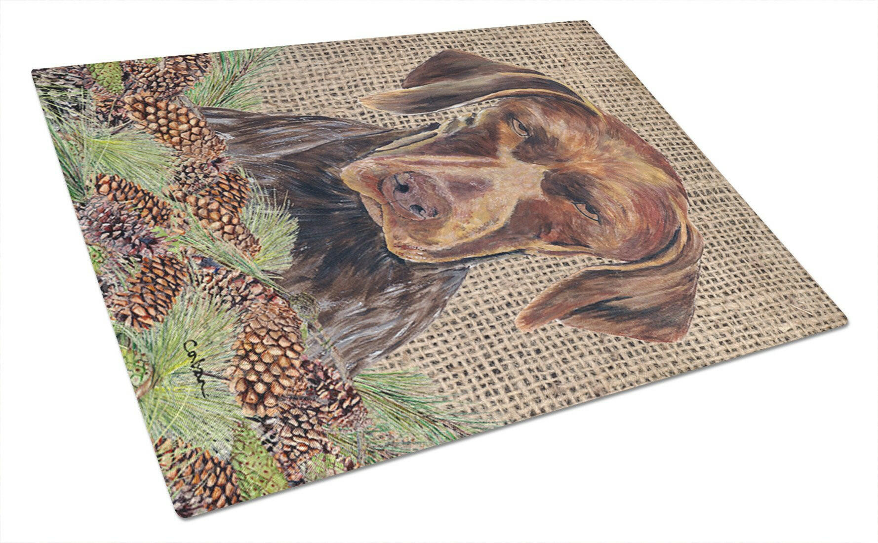 German Shorthaired Pointer Faux Burlap and Pine cones Cutting Board Tempered Glass Kitchen Cutting Surface, Heat Resistant Chopping, Non-Slip Feet, Food Prep & Serving