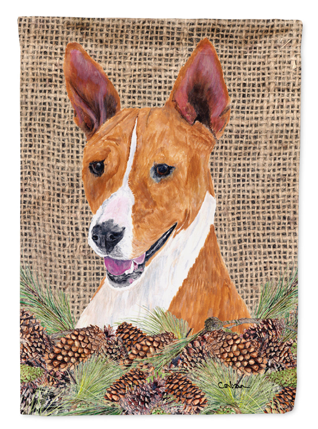 Basenji Faux Burlap and Pine cones House Flag 28x40 Porch Sleeve Pole Decorative Outside Yard Banner Artwork Wall Hanging, Polyester