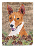 Basenji Faux Burlap and Pine cones House Flag 28x40 Porch Sleeve Pole Decorative Outside Yard Banner Artwork Wall Hanging, Polyester