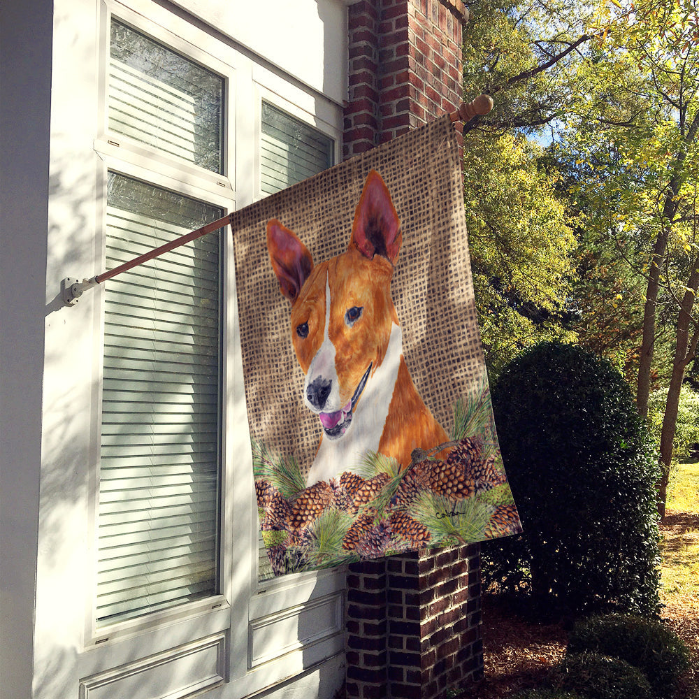 Basenji Faux Burlap and Pine cones House Flag 28x40 Porch Sleeve Pole Decorative Outside Yard Banner Artwork Wall Hanging, Polyester