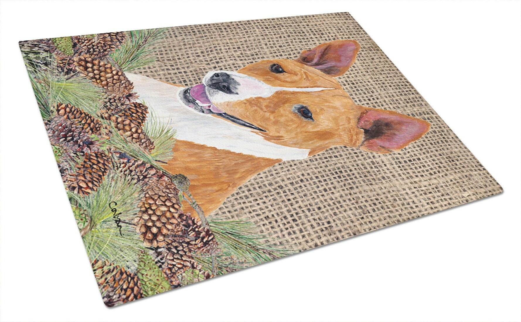 Basenji Faux Burlap and Pine cones Cutting Board Tempered Glass Kitchen Cutting Surface, Heat Resistant Chopping, Non-Slip Feet, Food Prep & Serving