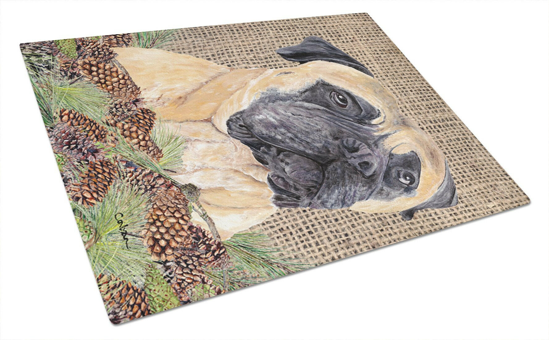 Mastiff Faux Burlap and Pine cones Cutting Board Tempered Glass Kitchen Cutting Surface, Heat Resistant Chopping, Non-Slip Feet, Food Prep & Serving