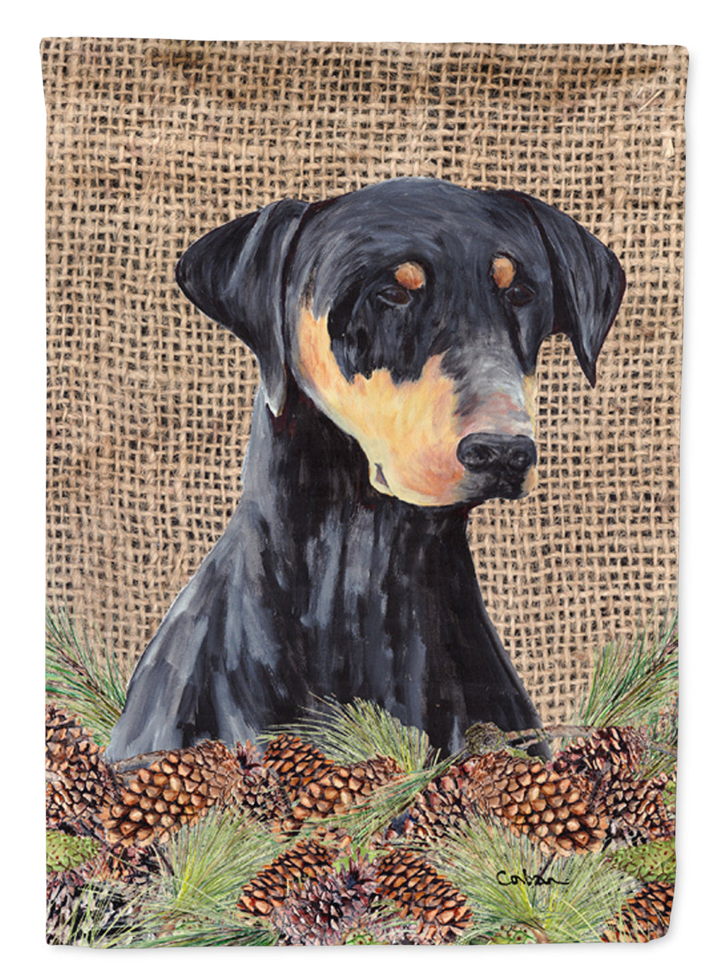 Doberman Faux Burlap and Pine cones House Flag 28x40 Porch Sleeve Pole Decorative Outside Yard Banner Artwork Wall Hanging, Polyester