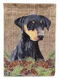 Doberman Faux Burlap and Pine cones House Flag 28x40 Porch Sleeve Pole Decorative Outside Yard Banner Artwork Wall Hanging, Polyester
