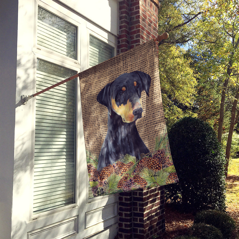 Doberman Faux Burlap and Pine cones House Flag 28x40 Porch Sleeve Pole Decorative Outside Yard Banner Artwork Wall Hanging, Polyester
