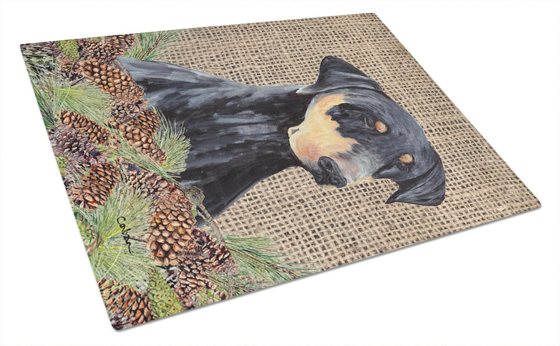 Doberman Faux Burlap and Pine cones Cutting Board Tempered Glass Kitchen Cutting Surface, Heat Resistant Chopping, Non-Slip Feet, Food Prep & Serving