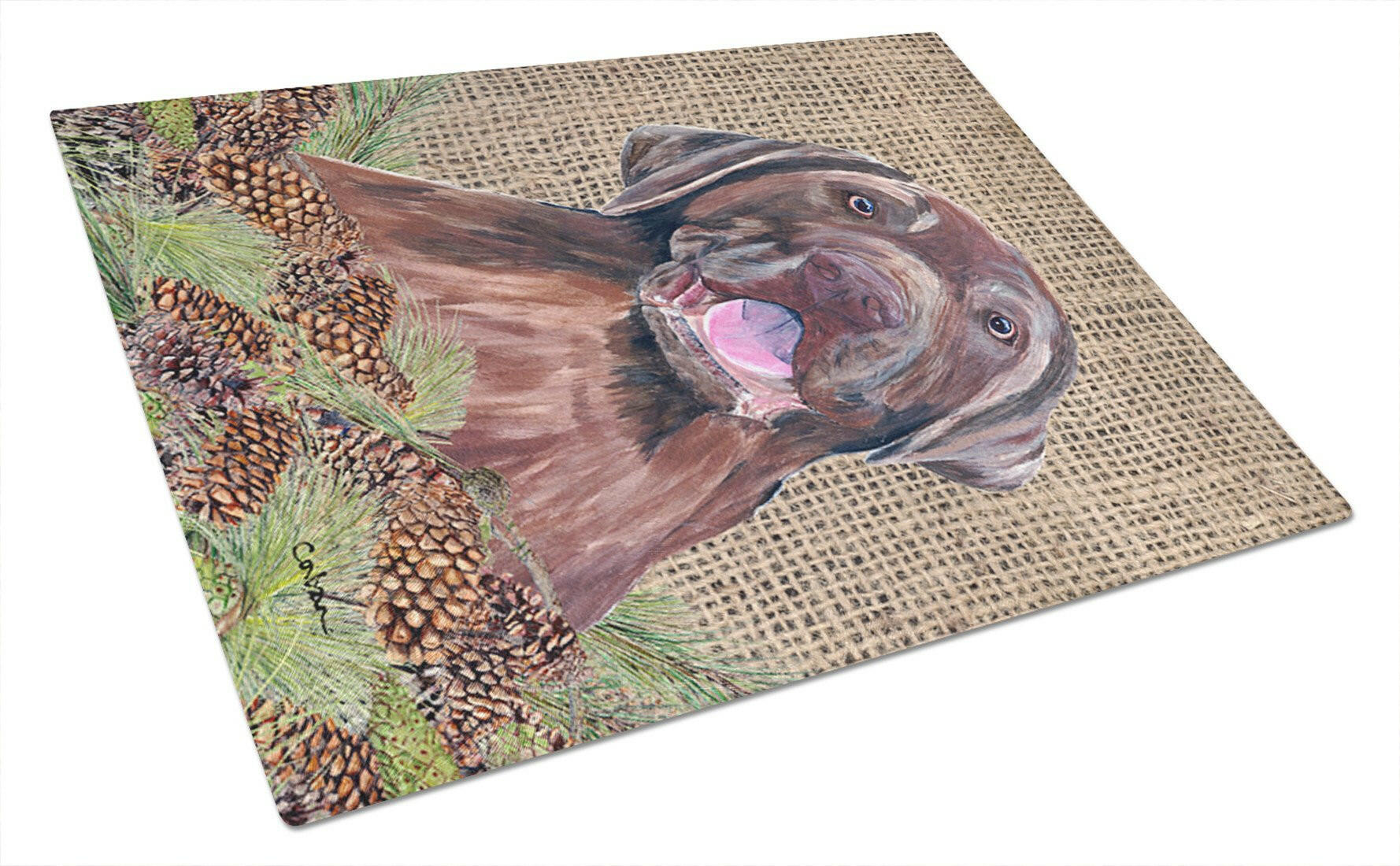 Labrador Faux Burlap and Pine cones Cutting Board Tempered Glass Kitchen Cutting Surface, Heat Resistant Chopping, Non-Slip Feet, Food Prep & Serving