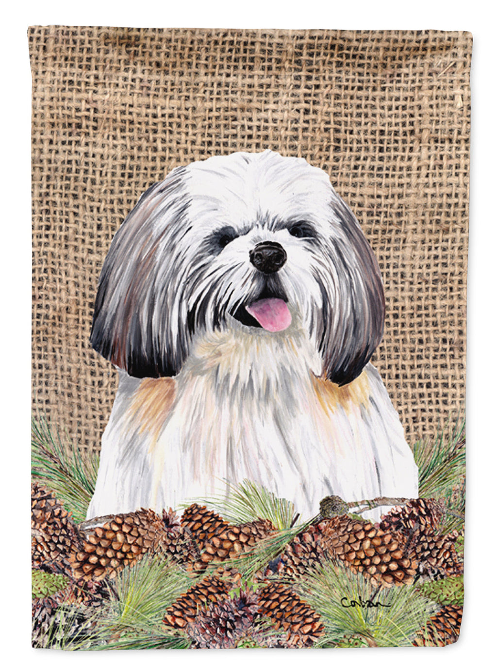Shih Tzu Faux Burlap and Pine cones House Flag 28x40 Porch Sleeve Pole Decorative Outside Yard Banner Artwork Wall Hanging, Polyester