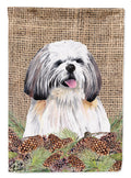 Shih Tzu Faux Burlap and Pine cones House Flag 28x40 Porch Sleeve Pole Decorative Outside Yard Banner Artwork Wall Hanging, Polyester