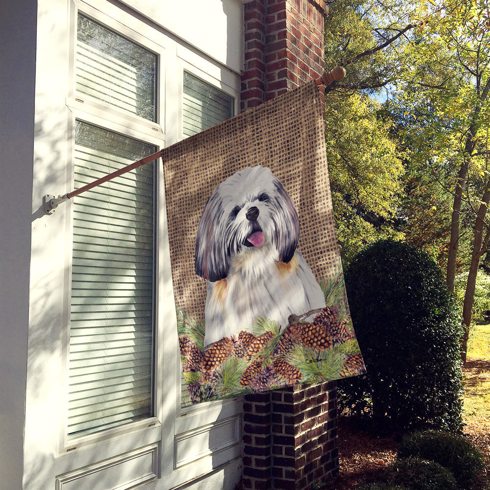 Shih Tzu Faux Burlap and Pine cones House Flag 28x40 Porch Sleeve Pole Decorative Outside Yard Banner Artwork Wall Hanging, Polyester