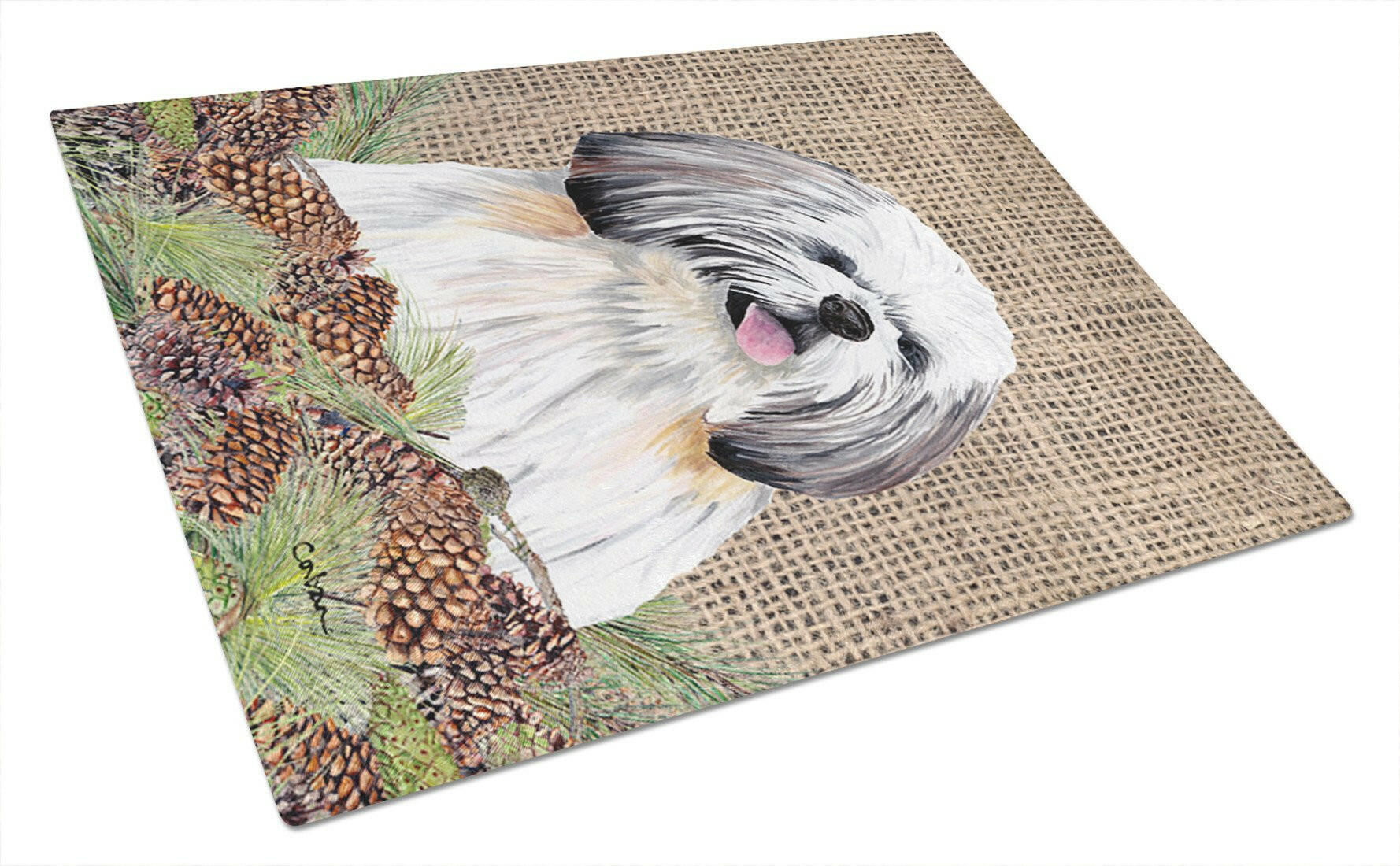 Shih Tzu Faux Burlap and Pine cones Cutting Board Tempered Glass Kitchen Cutting Surface, Heat Resistant Chopping, Non-Slip Feet, Food Prep & Serving