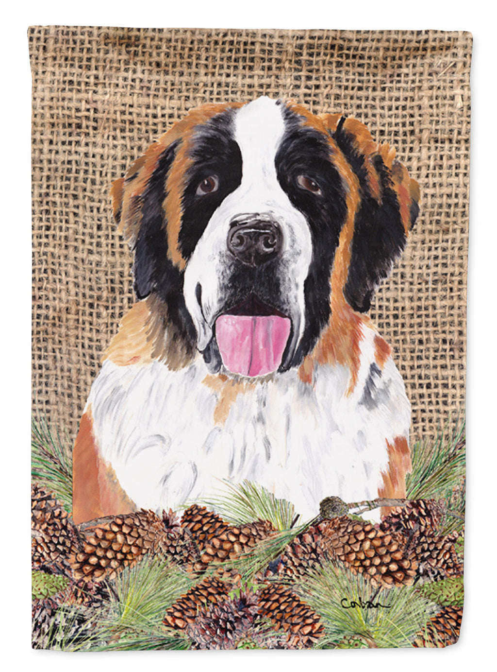 Saint Bernard Faux Burlap and Pine cones House Flag 28x40 Porch Sleeve Pole Decorative Outside Yard Banner Artwork Wall Hanging, Polyester