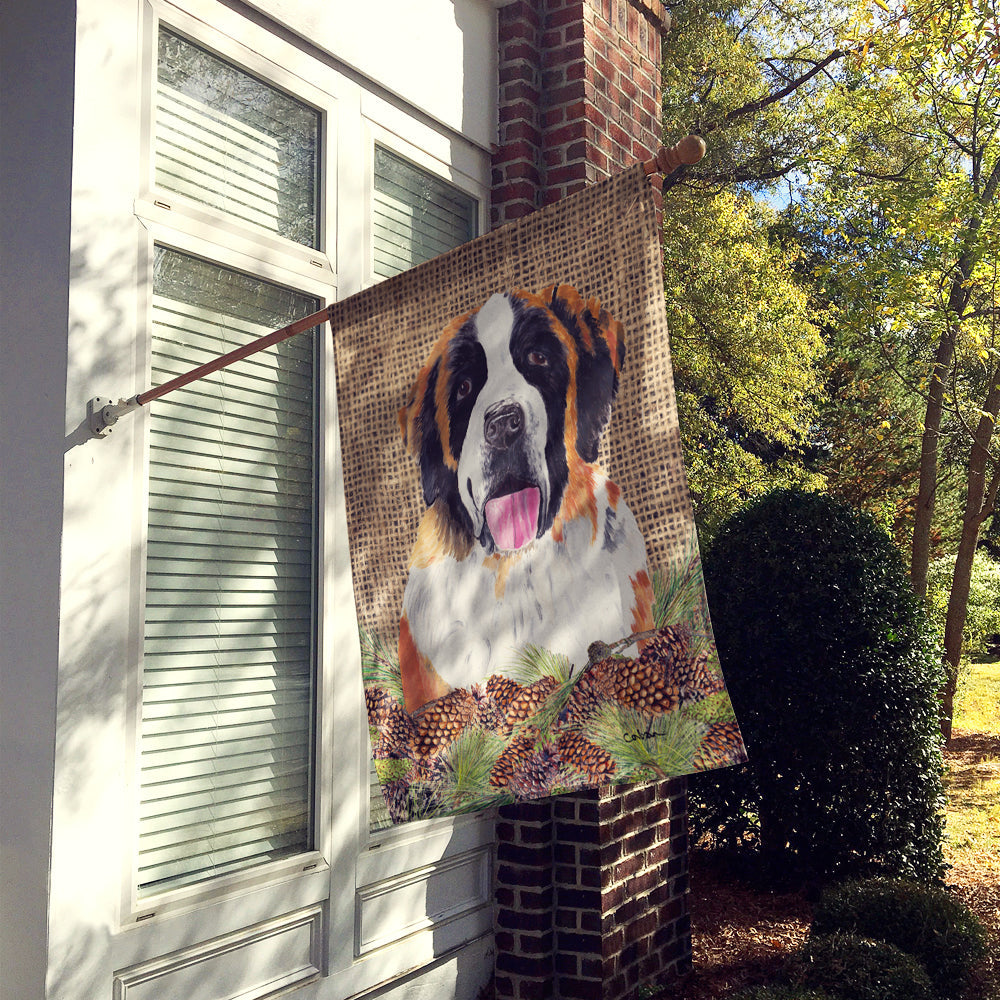 Saint Bernard Faux Burlap and Pine cones House Flag 28x40 Porch Sleeve Pole Decorative Outside Yard Banner Artwork Wall Hanging, Polyester