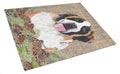 Saint Bernard Faux Burlap and Pine cones Cutting Board Tempered Glass Kitchen Cutting Surface, Heat Resistant Chopping, Non-Slip Feet, Food Prep & Serving