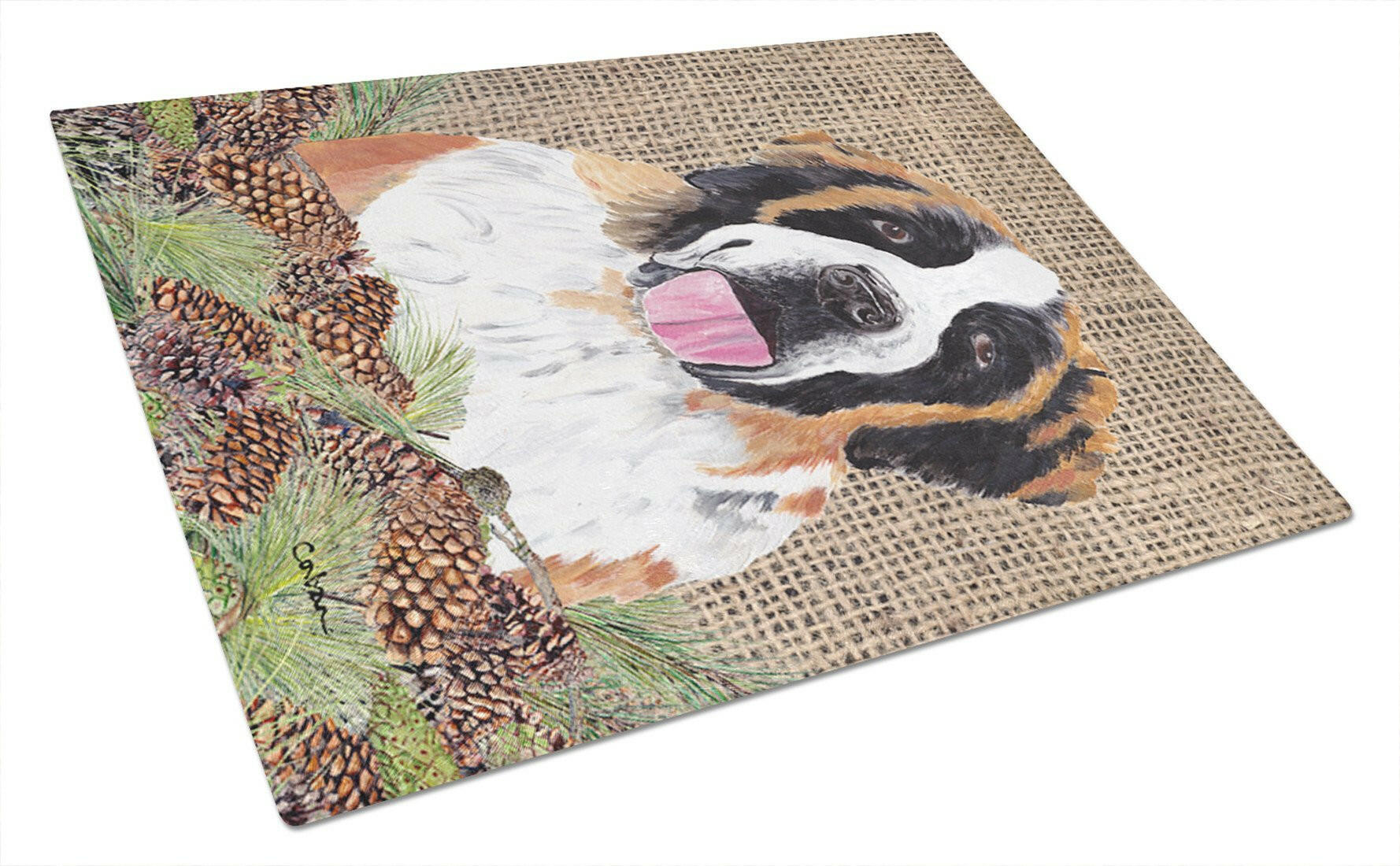 Saint Bernard Faux Burlap and Pine cones Cutting Board Tempered Glass Kitchen Cutting Surface, Heat Resistant Chopping, Non-Slip Feet, Food Prep & Serving