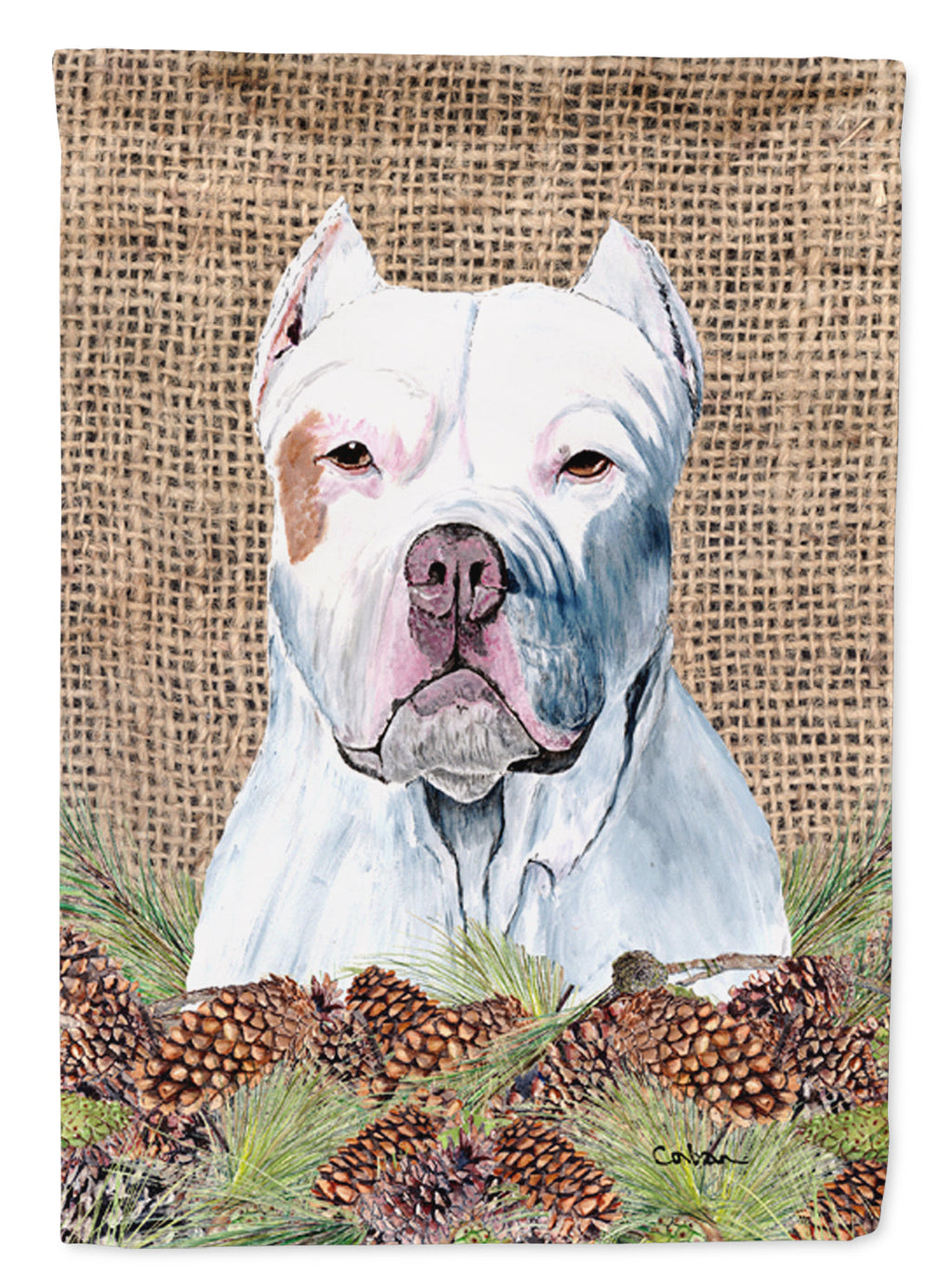 Pit Bull Faux Burlap and Pine cones House Flag 28x40 Porch Sleeve Pole Decorative Outside Yard Banner Artwork Wall Hanging, Polyester