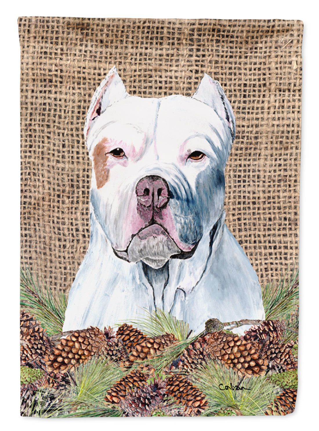 Pit Bull Faux Burlap and Pine cones House Flag 28x40 Porch Sleeve Pole Decorative Outside Yard Banner Artwork Wall Hanging, Polyester