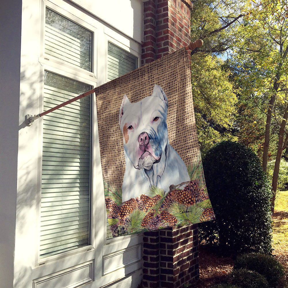 Pit Bull Faux Burlap and Pine cones House Flag 28x40 Porch Sleeve Pole Decorative Outside Yard Banner Artwork Wall Hanging, Polyester