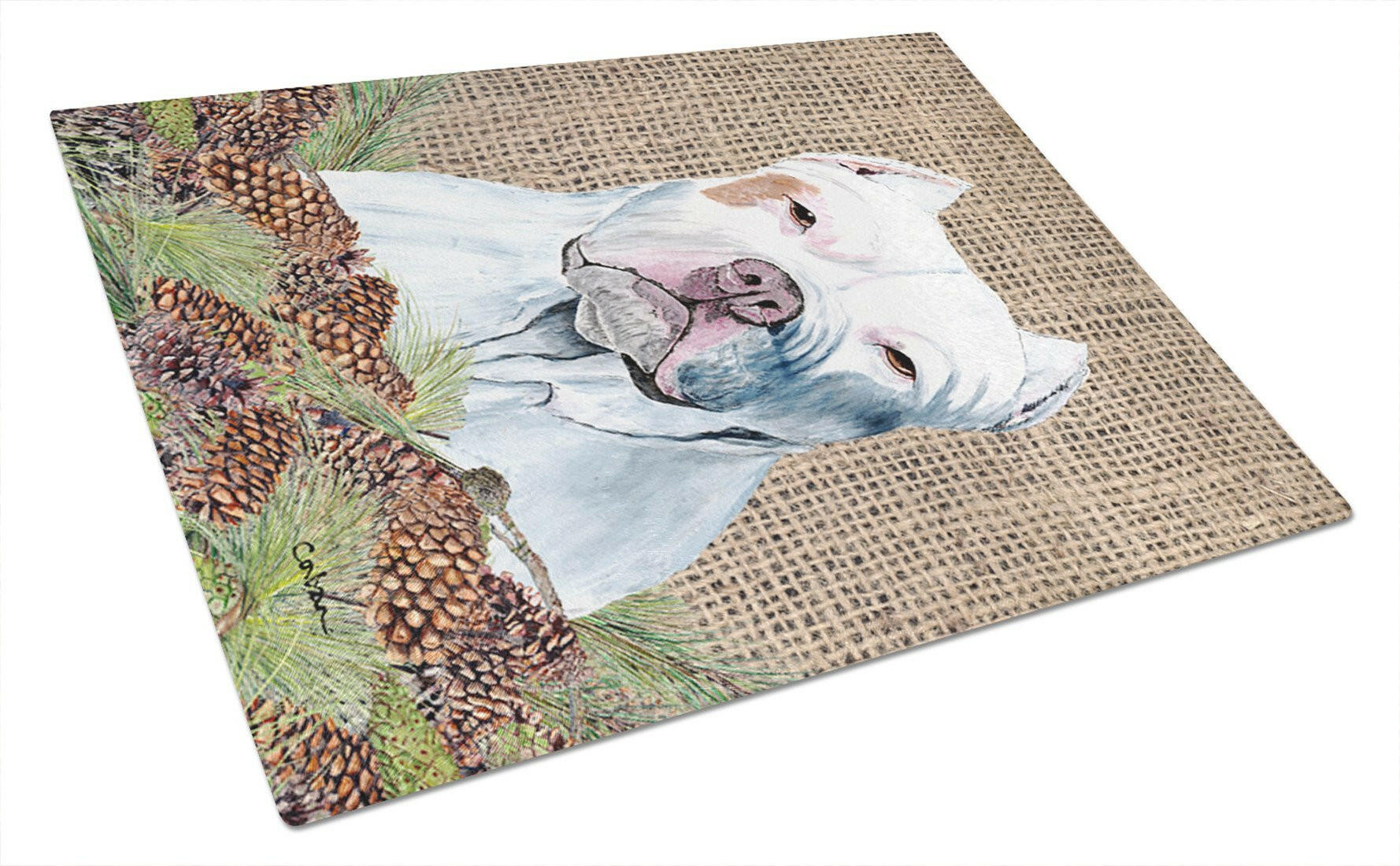 Pit Bull Faux Burlap and Pine cones Cutting Board Tempered Glass Kitchen Cutting Surface, Heat Resistant Chopping, Non-Slip Feet, Food Prep & Serving