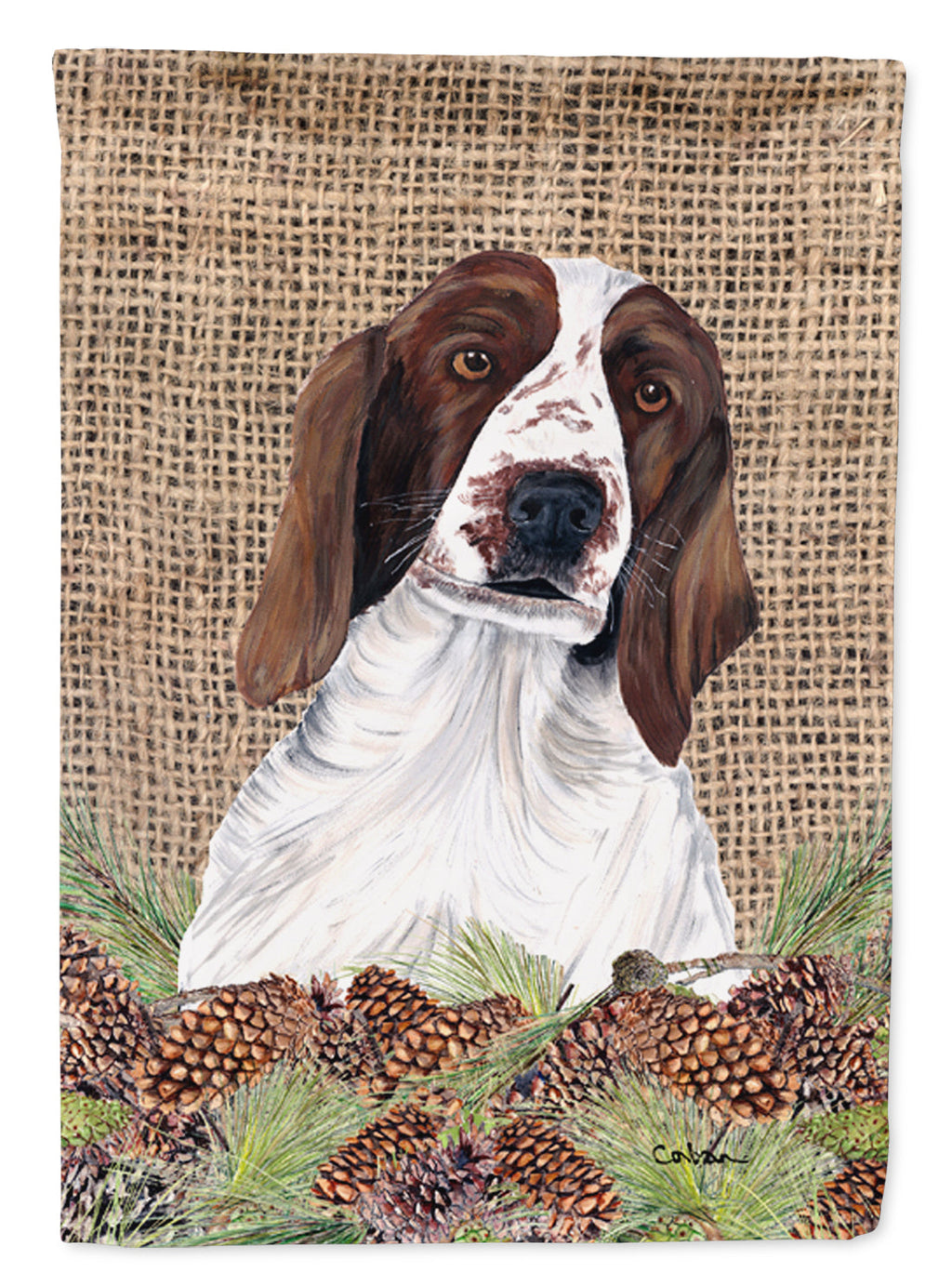 Welsh Springer Spaniel Faux Burlap and Pine cones House Flag 28x40 Porch Sleeve Pole Decorative Outside Yard Banner Artwork Wall Hanging, Polyester