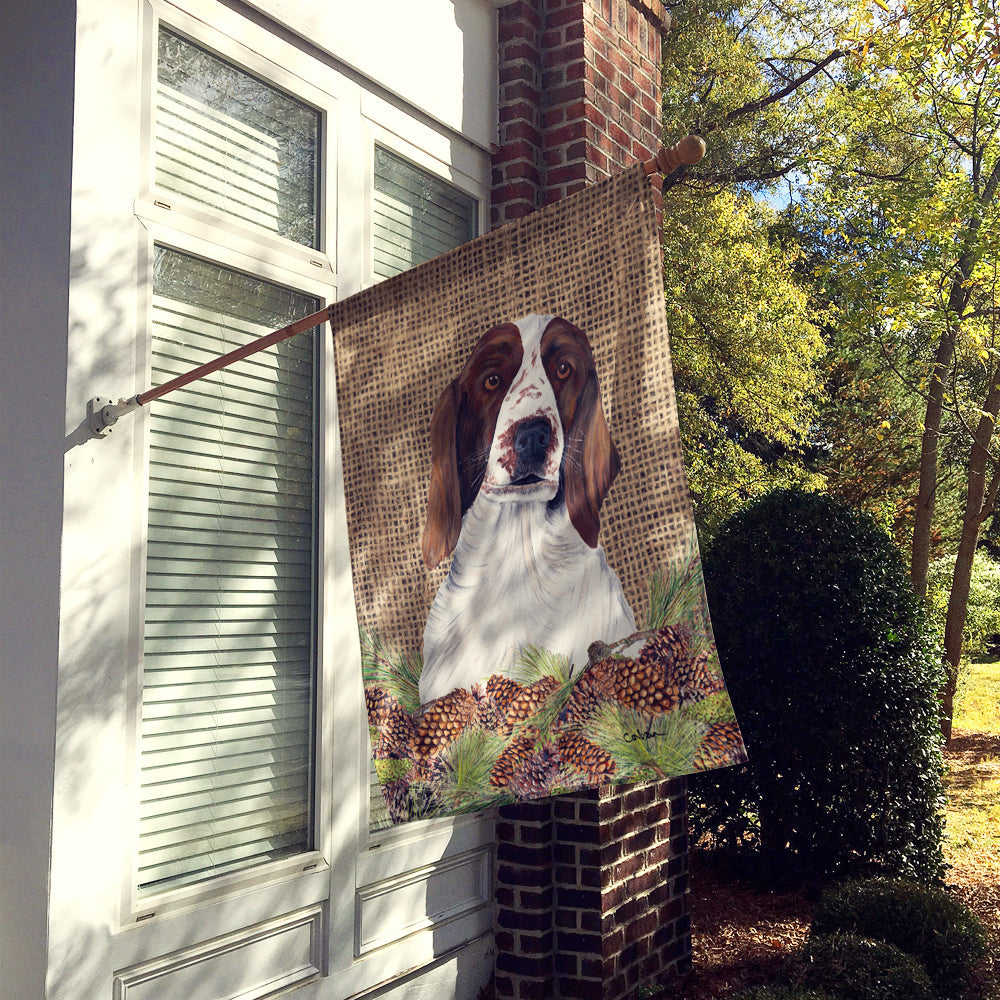 Welsh Springer Spaniel Faux Burlap and Pine cones House Flag 28x40 Porch Sleeve Pole Decorative Outside Yard Banner Artwork Wall Hanging, Polyester