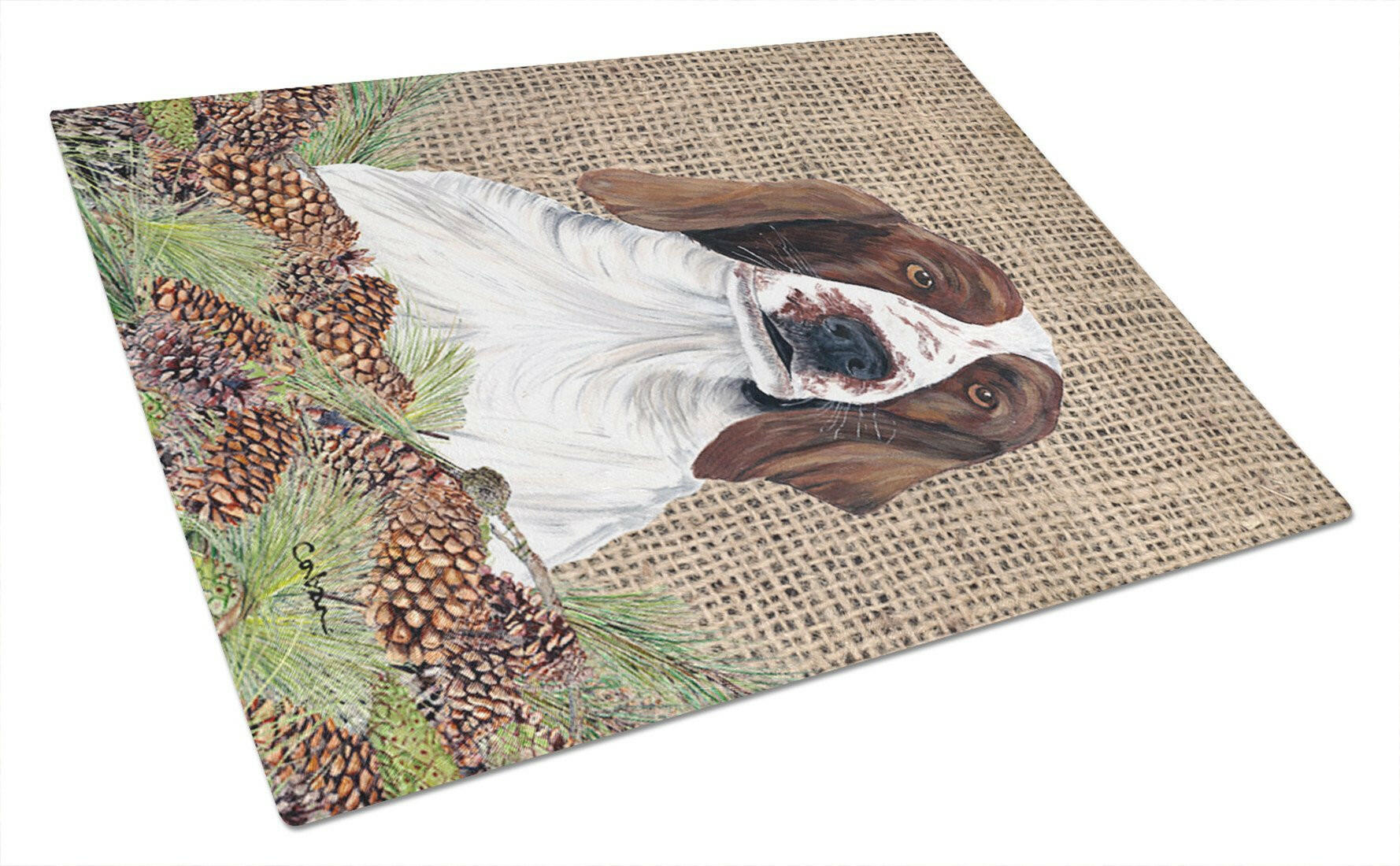 Welsh Springer Spaniel Faux Burlap and Pine cones Cutting Board Tempered Glass Kitchen Cutting Surface, Heat Resistant Chopping, Non-Slip Feet, Food Prep & Serving