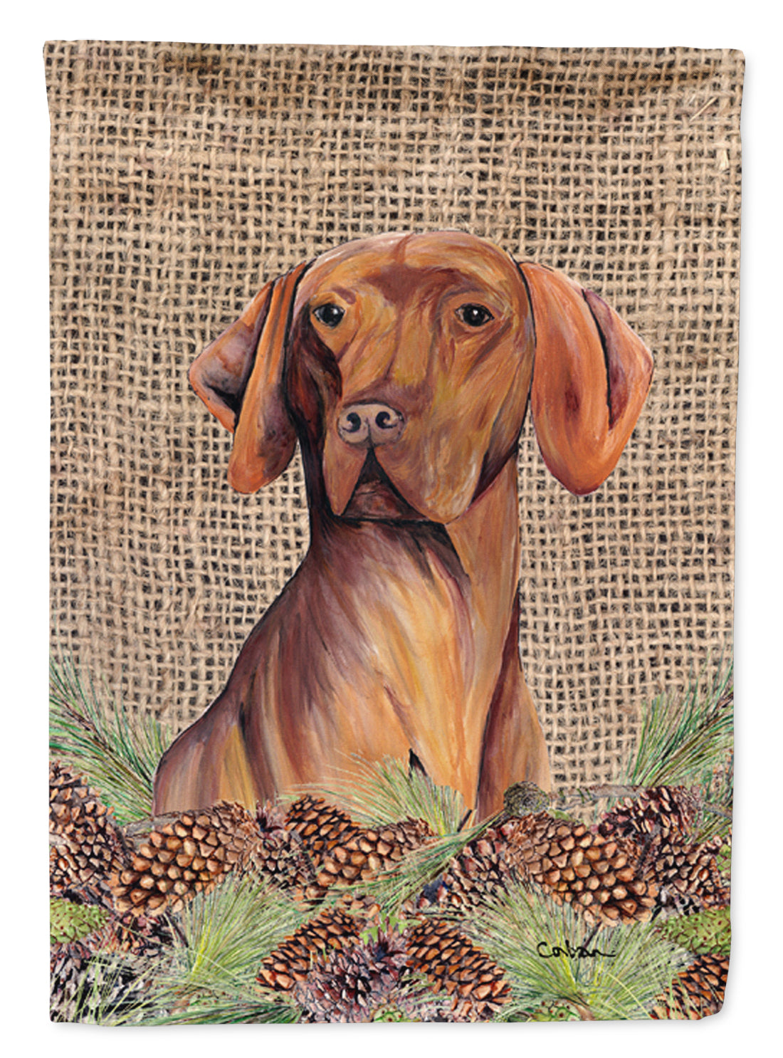 Vizsla Faux Burlap and Pine cones House Flag 28x40 Porch Sleeve Pole Decorative Outside Yard Banner Artwork Wall Hanging, Polyester