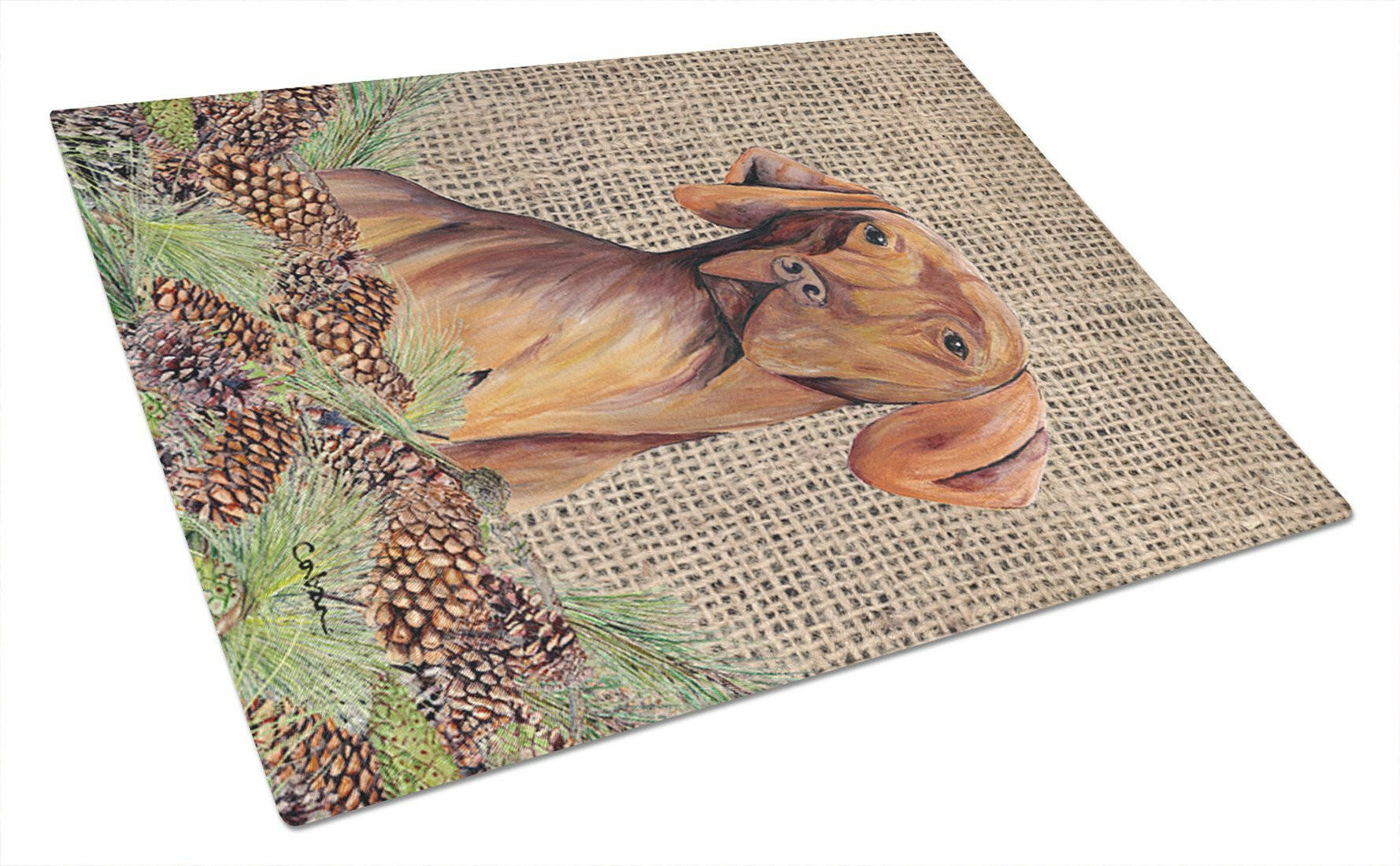 Vizsla Faux Burlap and Pine cones Cutting Board Tempered Glass Kitchen Cutting Surface, Heat Resistant Chopping, Non-Slip Feet, Food Prep & Serving