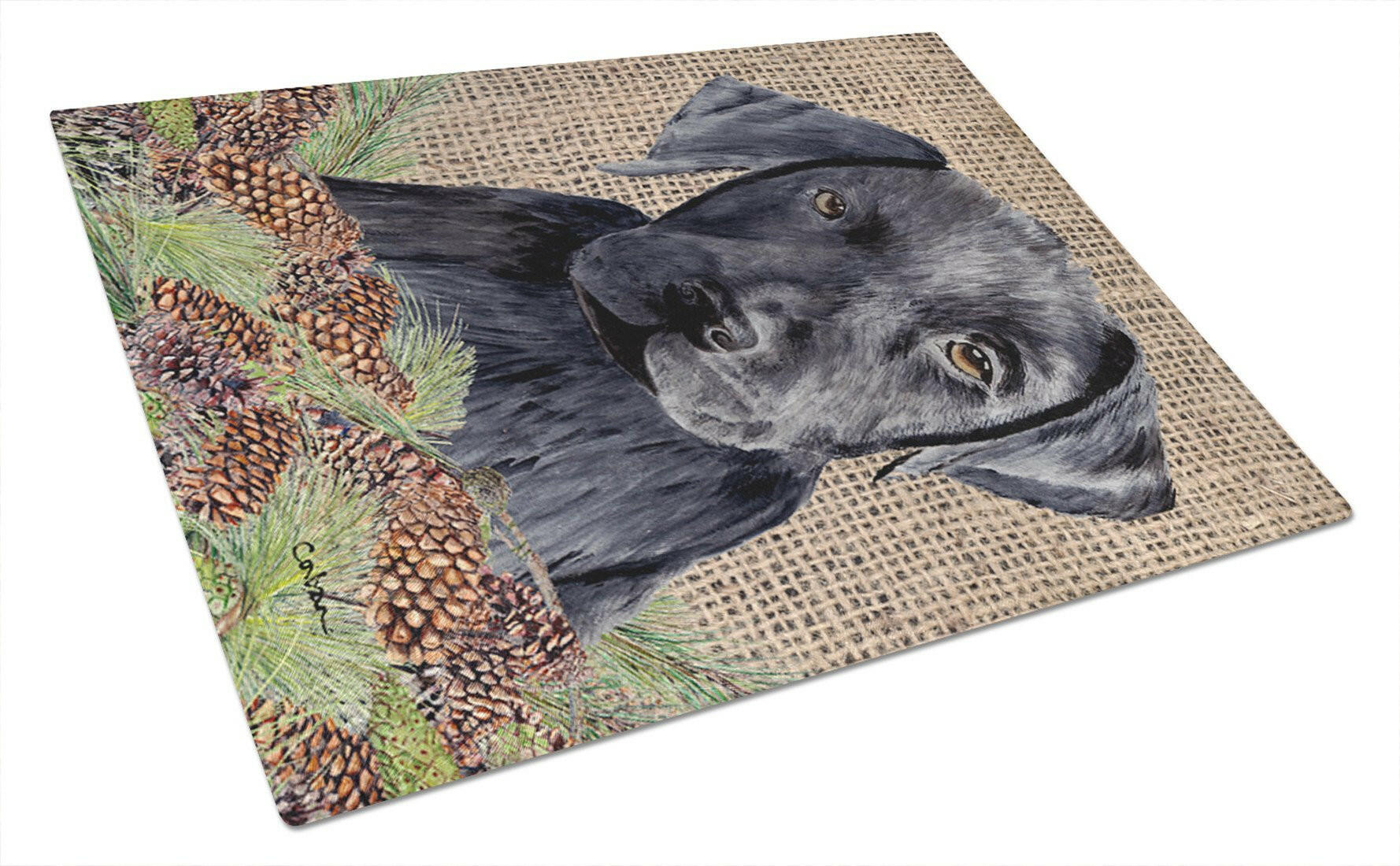 Labrador Faux Burlap and Pine cones Cutting Board Tempered Glass Kitchen Cutting Surface, Heat Resistant Chopping, Non-Slip Feet, Food Prep & Serving