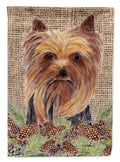 Yorkie Faux Burlap and Pine cones House Flag 28x40 Porch Sleeve Pole Decorative Outside Yard Banner Artwork Wall Hanging, Polyester