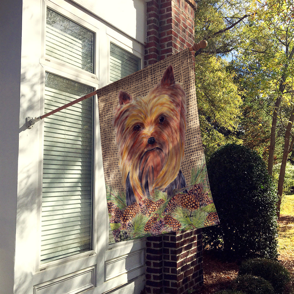 Yorkie Faux Burlap and Pine cones House Flag 28x40 Porch Sleeve Pole Decorative Outside Yard Banner Artwork Wall Hanging, Polyester