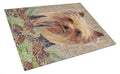 Yorkie Faux Burlap and Pine cones Cutting Board Tempered Glass Kitchen Cutting Surface, Heat Resistant Chopping, Non-Slip Feet, Food Prep & Serving