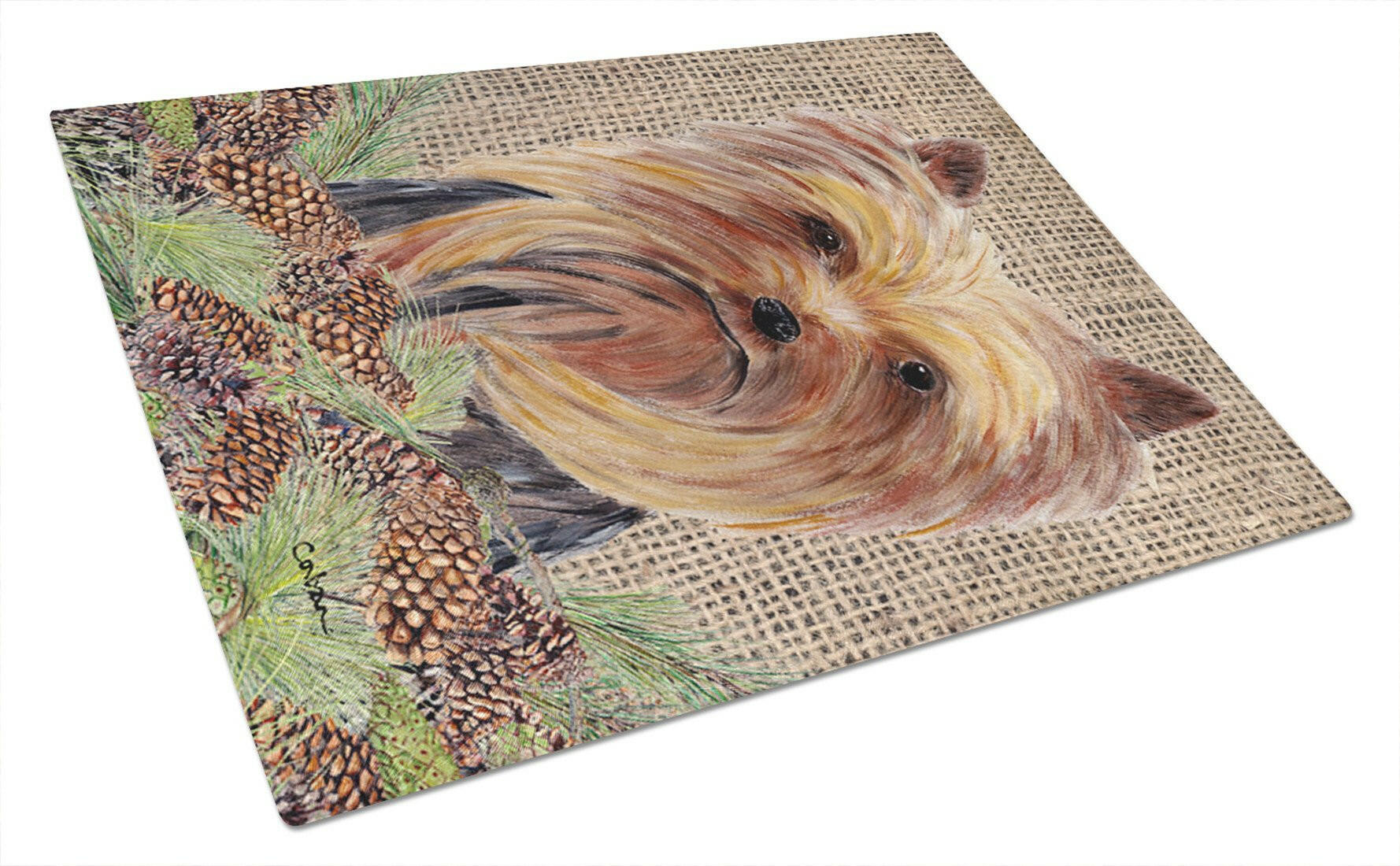 Yorkie Faux Burlap and Pine cones Cutting Board Tempered Glass Kitchen Cutting Surface, Heat Resistant Chopping, Non-Slip Feet, Food Prep & Serving