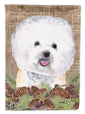 Bichon Frise Faux Burlap and Pine cones House Flag 28x40 Porch Sleeve Pole Decorative Outside Yard Banner Artwork Wall Hanging, Polyester
